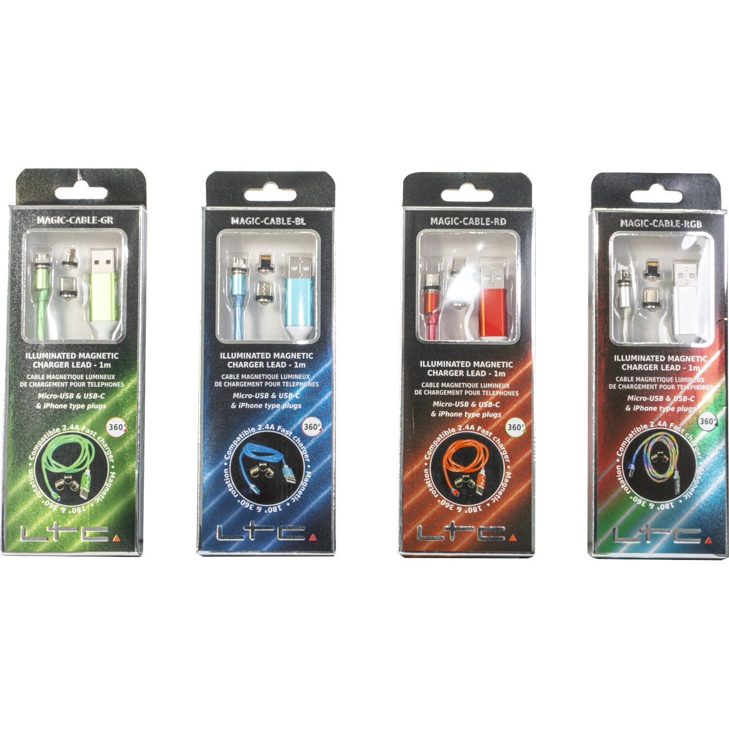 Magic-Cable-BL - Câble de Charge Magnétique multi embout USB micro/USB/Iphone Lumineux Bleu - 1 m