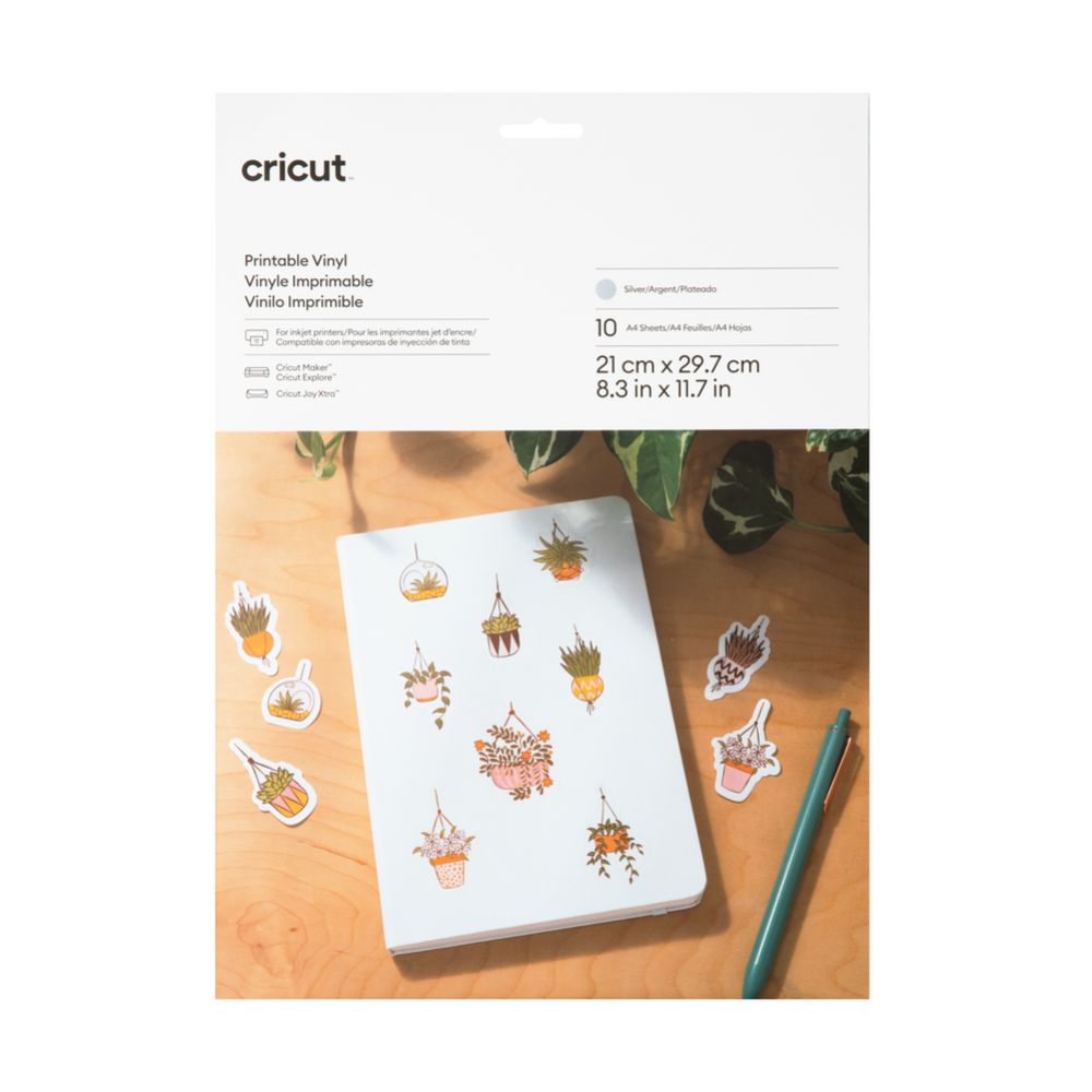 Cricut - Printable Vinyl  - 10 Feuilles de Vinyle Imprimable - Argent - 21 x 29,7 cm